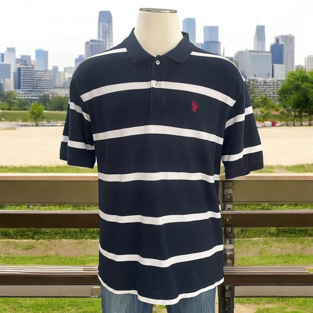 US Polo Assn 2XL Striped Polo Shirt Navy Blue White Classic Preppy Casual Retro